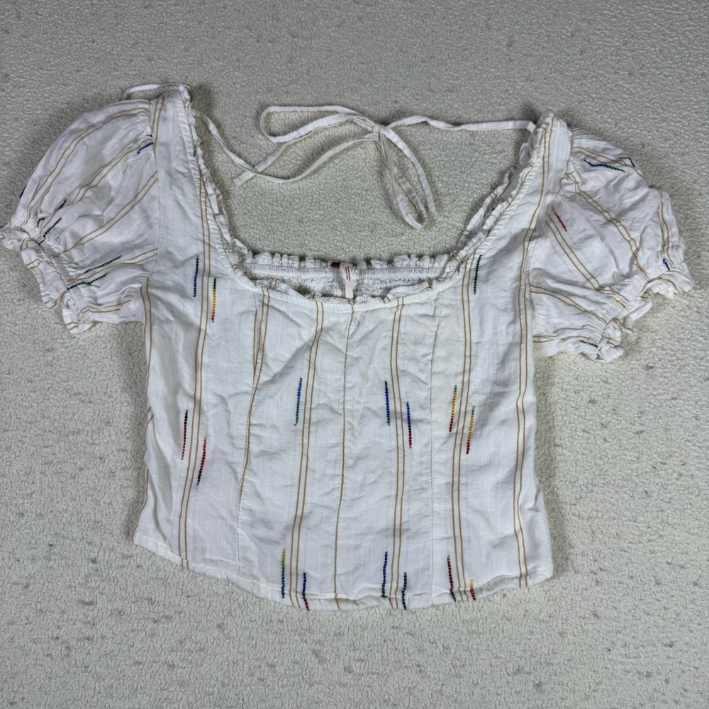 Free People White Blouse with Multicolor Embroidery